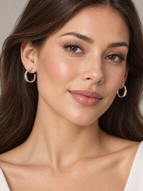 bp Silver Hoops with Pink Crystal Accents,NIB